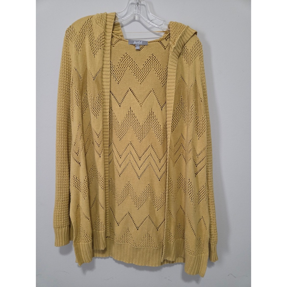 Marled Reunited Clothing Mustard Yellow‎ Pointelle Chevron Hooded Cardigan Small